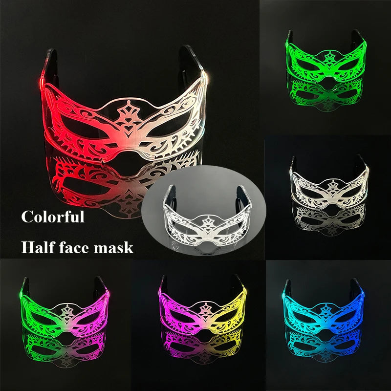 2025 Halloween Christmas Glow Supplies Party Half Face Mask Colorful Luminous LED Neon Light Mask Nightclub Bar Music Decor Prop