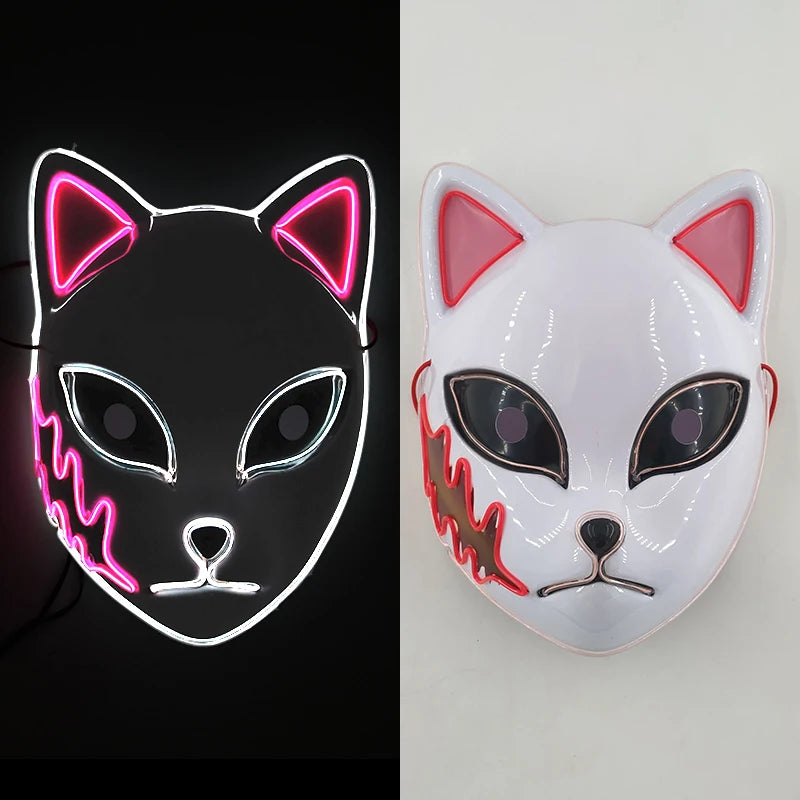 Glowing Demon Slayer Mask Cosplay Japanese Cartoon Neon Light Samurai Mascara Luminous Led Fox Mask for Halloween Christmas