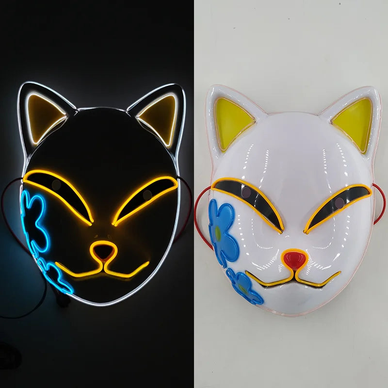 Glowing Demon Slayer Mask Cosplay Japanese Cartoon Neon Light Samurai Mascara Luminous Led Fox Mask for Halloween Christmas