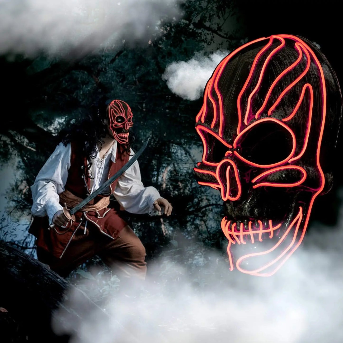 ILEBYGO LED Halloween Light Up Purge Scary Mask With EL Wire 3 Flashing-Modes for Festival, Party, Cosplay (Red)