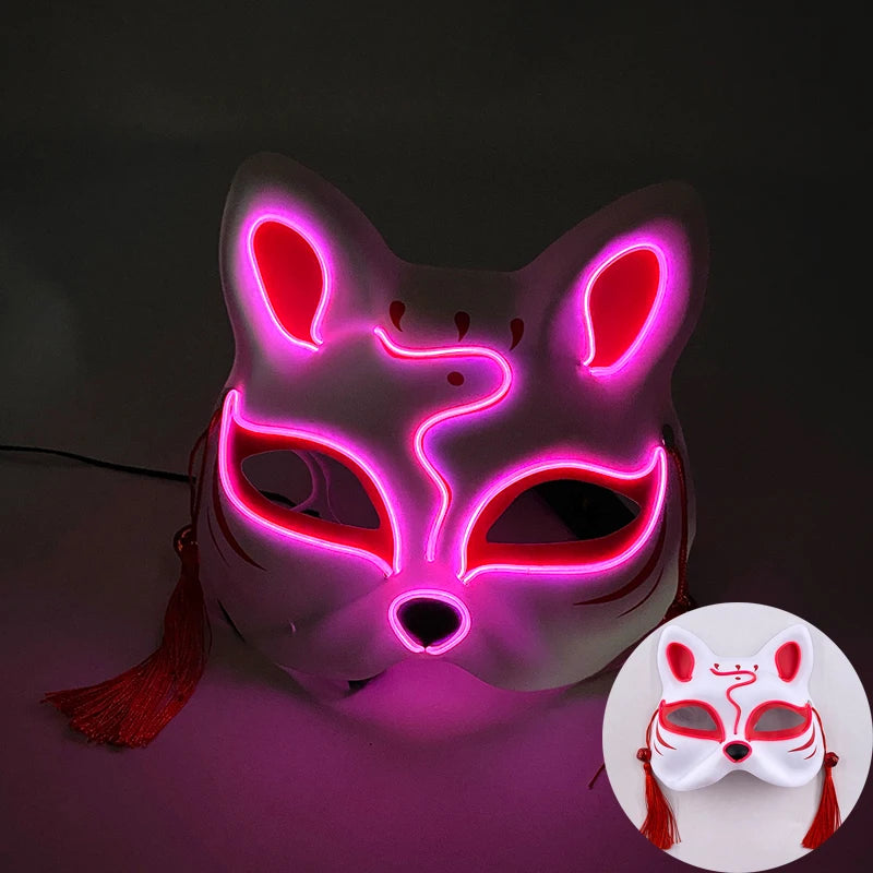 Halloween Luminous Japanese Neon Light Fox Mask LED Light Up Cosplay Mask Flashing in Dark Masquerade Dance Party Mask Costume
