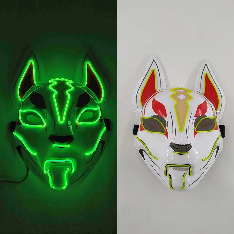 Glowing Demon Slayer Mask Cosplay Japanese Cartoon Neon Light Samurai Mascara Luminous Led Fox Mask for Halloween Christmas