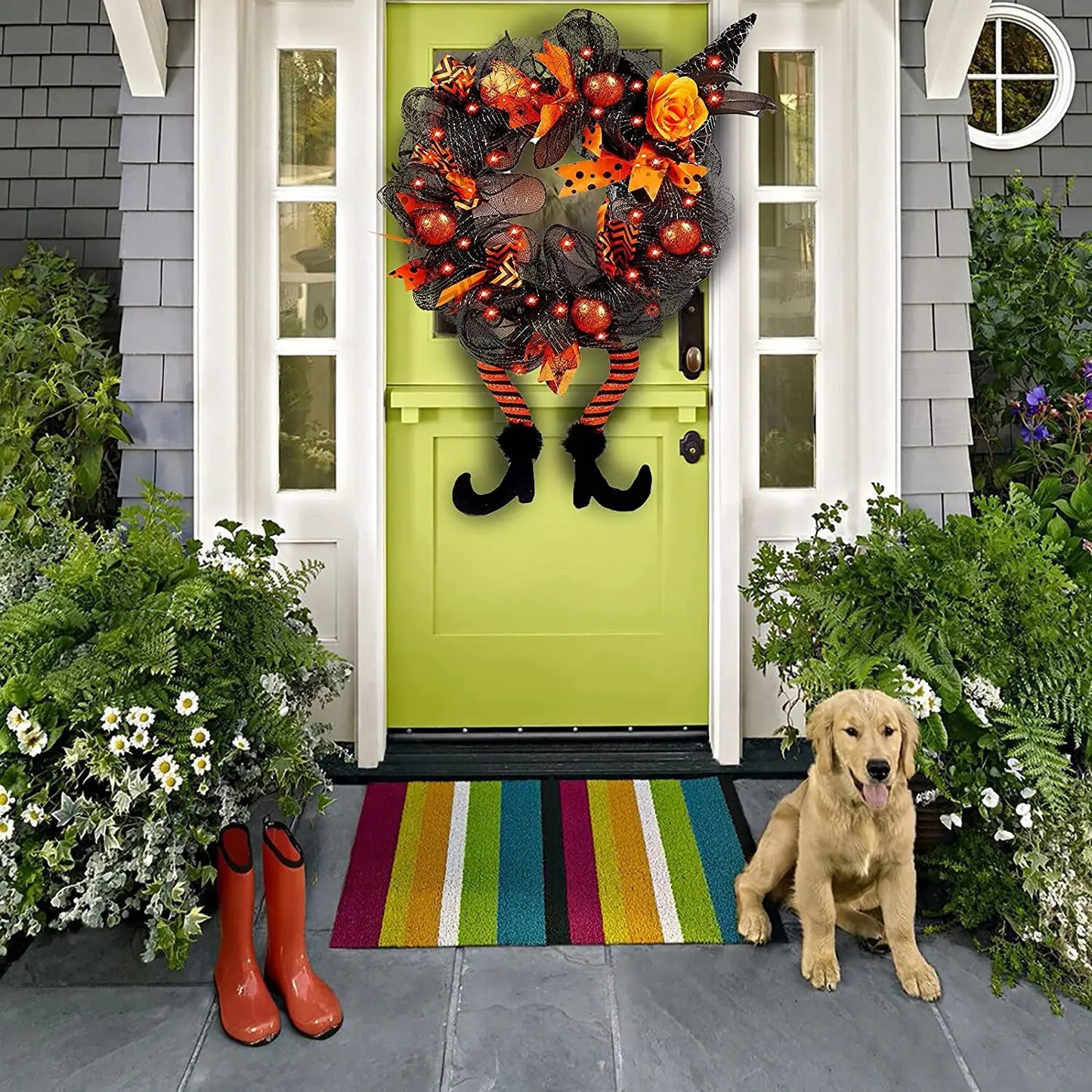 Halloween Wreath With Led Lights Door Hanging Decoration Pumpkin Witch Hat Leg Wreath Carnival Party Gifts Home Halloween Decor