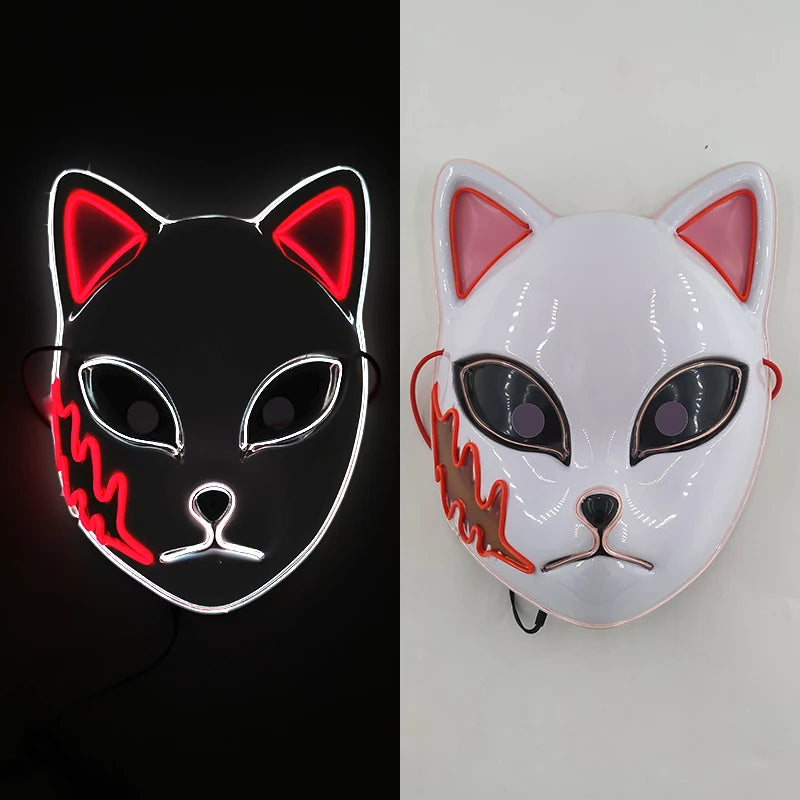 Glowing Demon Slayer Mask Cosplay Japanese Cartoon Neon Light Samurai Mascara Luminous Led Fox Mask for Halloween Christmas