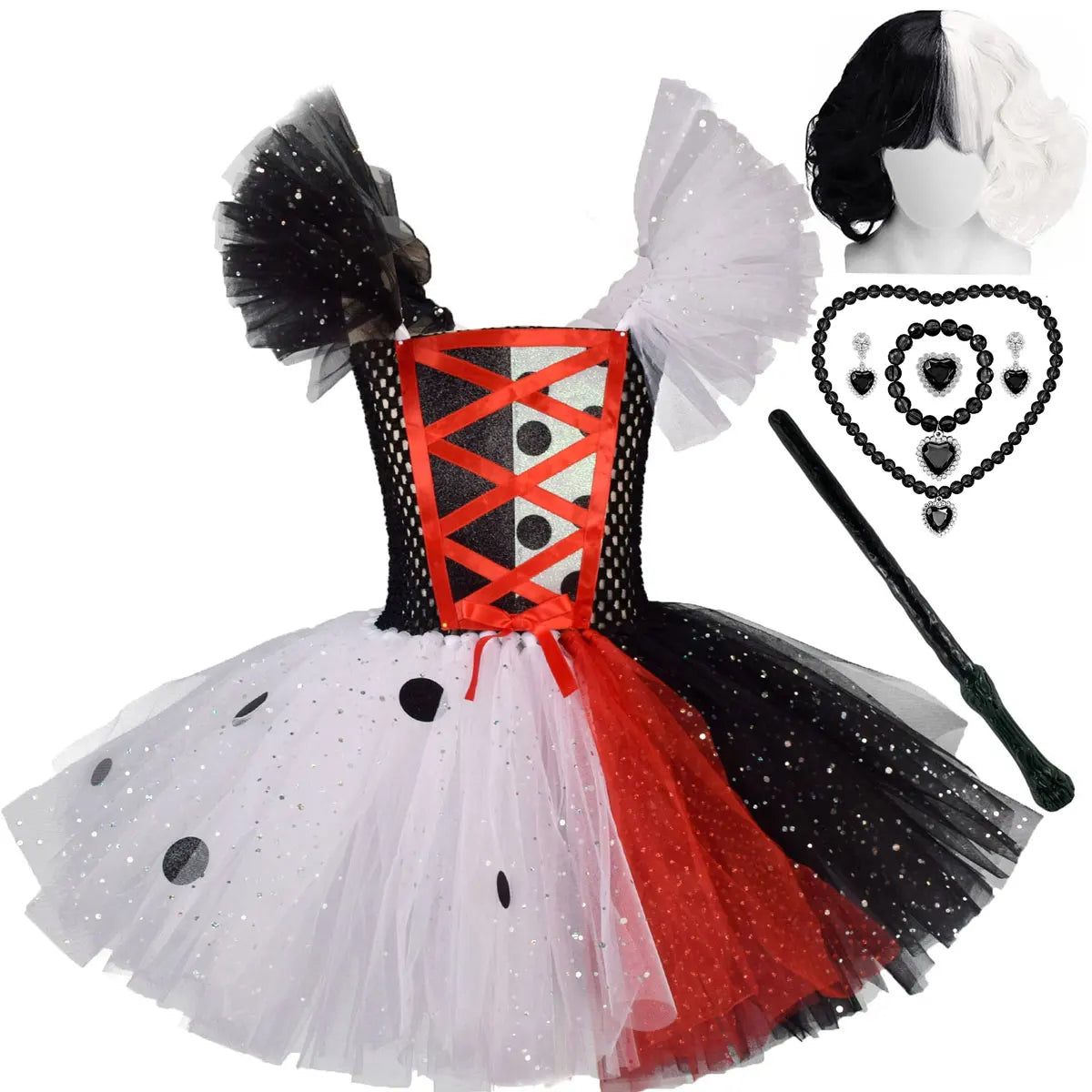 2025 Classic Girl Cosplay Clown Pure White + Black Princess Puffed Skirt Halloween Easter Festival Party Dress+ Accessories Set