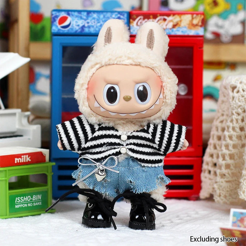 17cm Mini Plush Doll's Clothes Outfit Accessories for Korea Kpop Exo Labubu Idol Flower Shirt Leather Jacket Skirt Clothing Gift