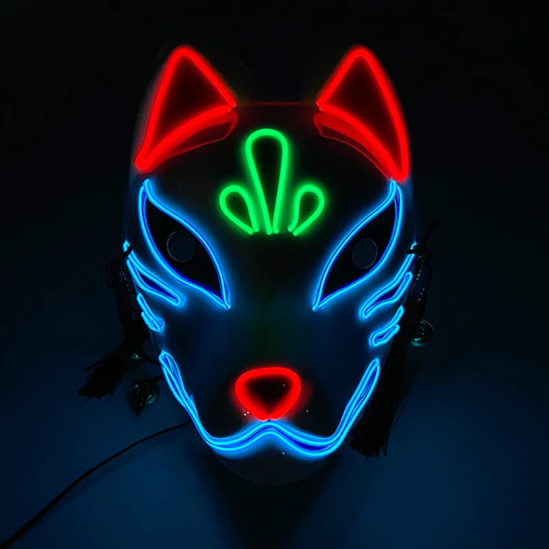 Glowing Demon Slayer Mask Cosplay Japanese Cartoon Neon Light Samurai Mascara Luminous Led Fox Mask for Halloween Christmas