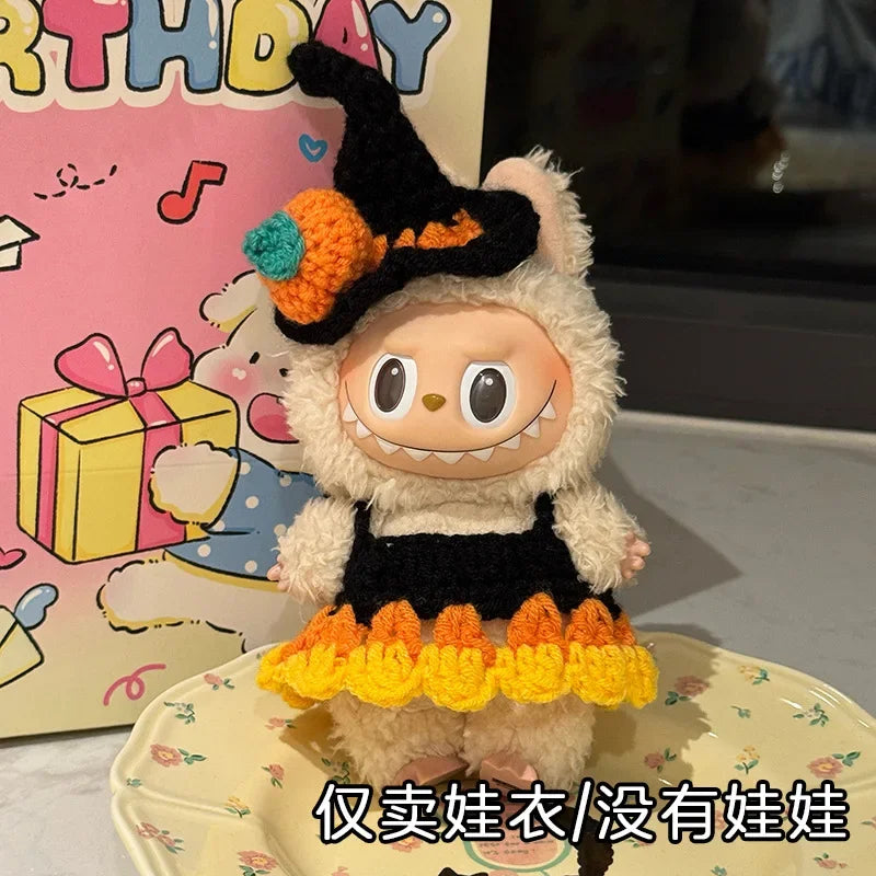 3.0 Labubu Clothes Halloween Knitted Pumpkin Bat Ghost Set for 15/17cm Doll Funny Necklace Accessories Christmas Halloween Gift