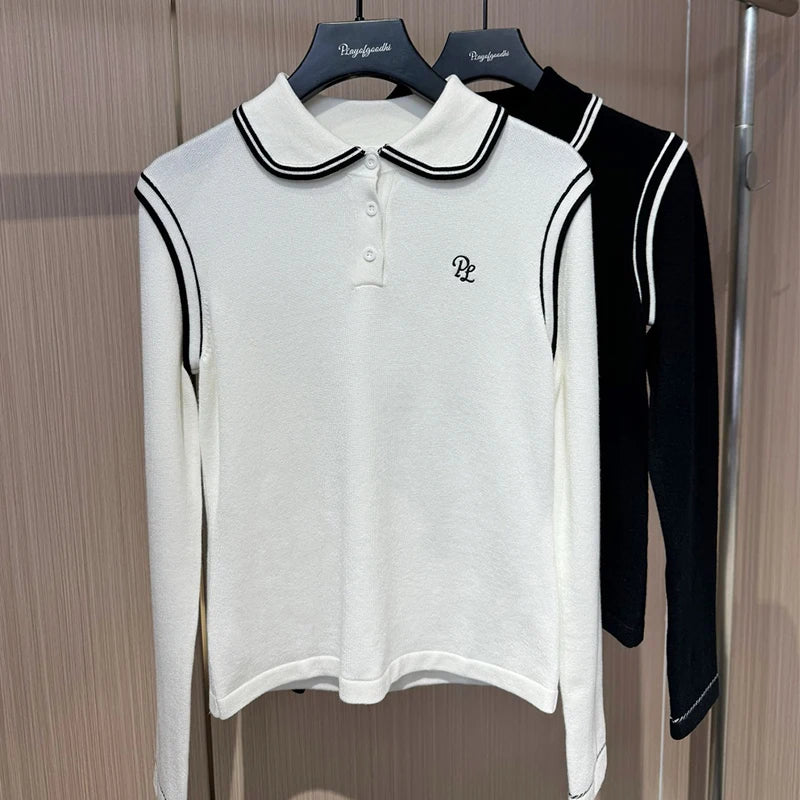 PL Autumn Spring Long Sleeve Golf Tops Women Warm Slim Sweater Ladies Soft Knitted Golf Tops Korean Lapel Pullover S-Xl