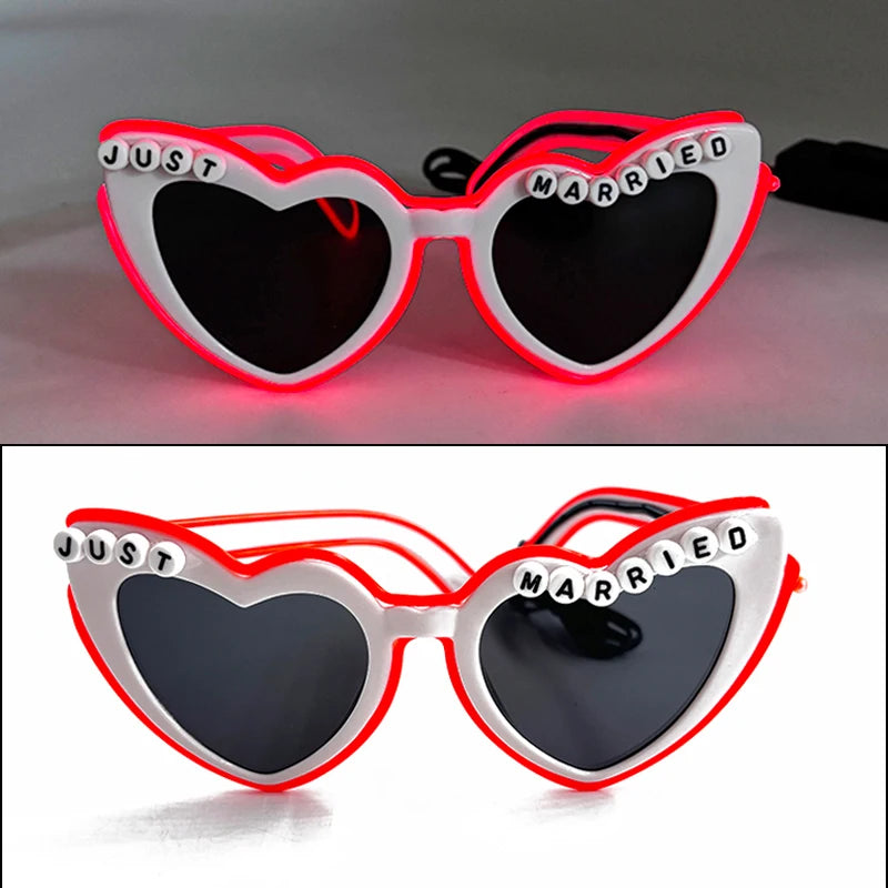 White Just Married LED Luminous Glasses Heart Shaped EL Neon Decorative Glasses Engagement Wedding Bridal Shower Props