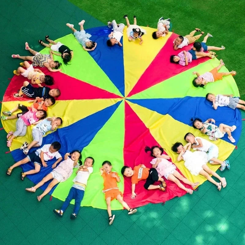 2/6m Diameter Kids Outdoor Teamwork Game Prop Rainbow Parachute Toys Jump Bag Bounce Play Mat School Activity Puzzle Game
