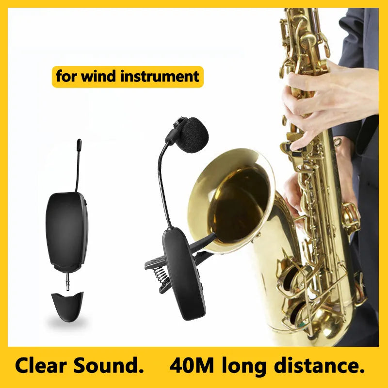 UHF Saxophone Mic Wireless Microphone System Clip on Musical Instruments for Saxophone Trumpet Sax Horn Tuba Flute Clarinet Pipe