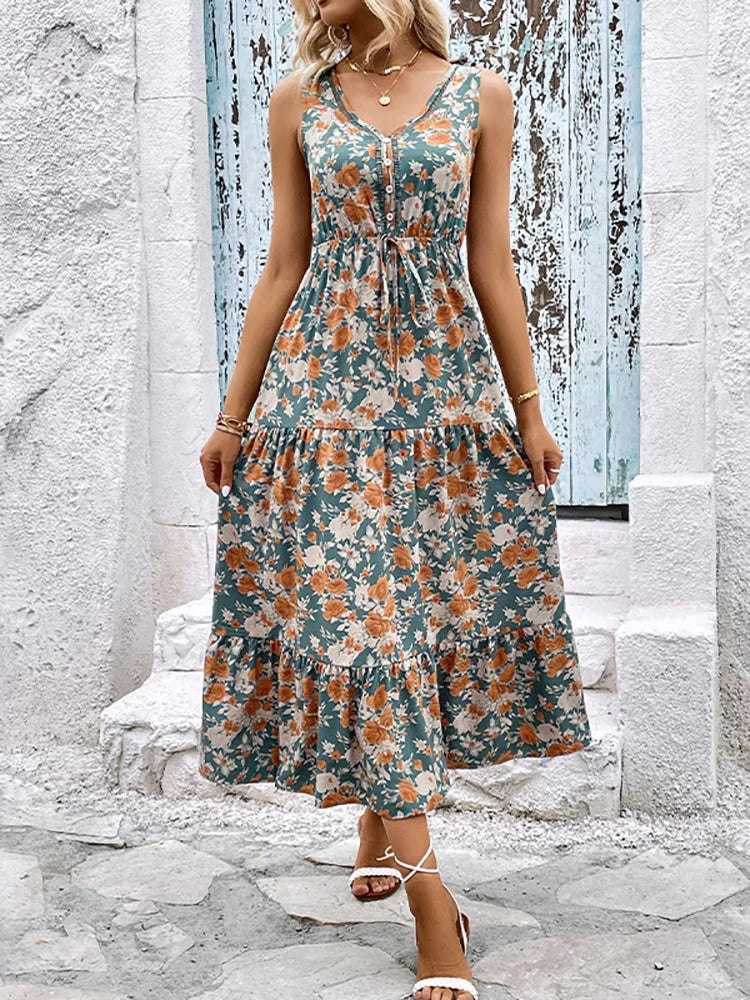 Elegant Floral Long Dress Women Summer Casual Bandage Sleeveless Ruffle Beach Dress Fashion Blue v Neck New in Dresses