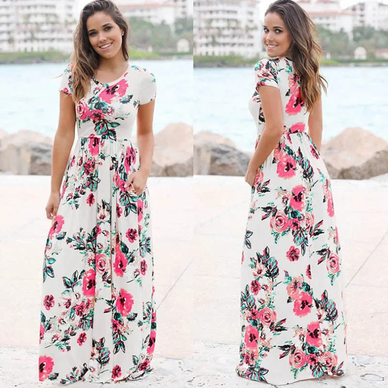 Women Summer Floral Print Maxi Dress 2024 LOOSE White Boho Beach Dress Women Vintage Evening Party Long Dress Vestidos Female