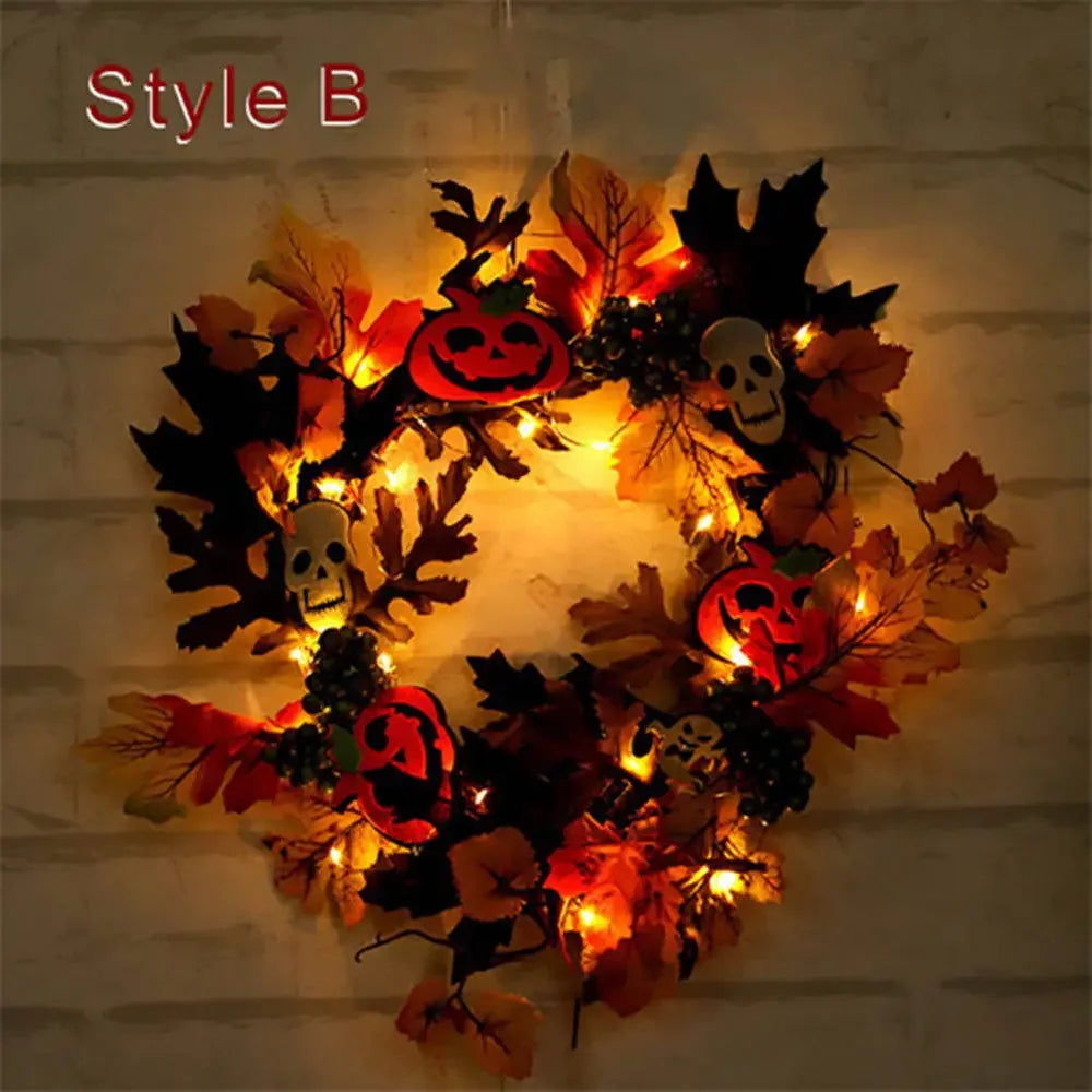 Halloween Wreath With Led Lights Door Hanging Decoration Pumpkin Witch Hat Leg Wreath Carnival Party Gifts Home Halloween Decor