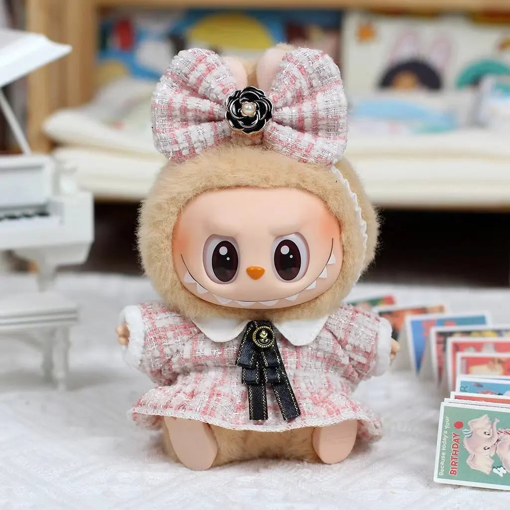 Doll Clothes Outfit Accessories Labubu Clothes Designer Black and White Plaid Dress Set DIY Mini Dolls Clothing Girl Gift
