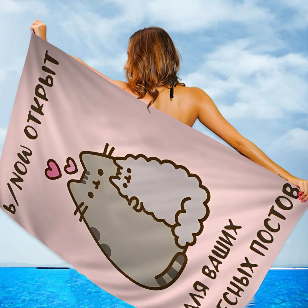 Cartoon P-Pusheen Kawai Cat Cartoon Beach Towel Cute Kawaii Room Decor Bath Girls Children Hand Towels for Bathroom Shower