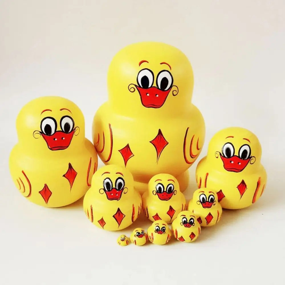 Decorations 10 Layer Nesting Dolls Yellow Duck Wooden Matryoshka Doll Toys Handmade Animals Pattern Stacking Dolls Kids Toy