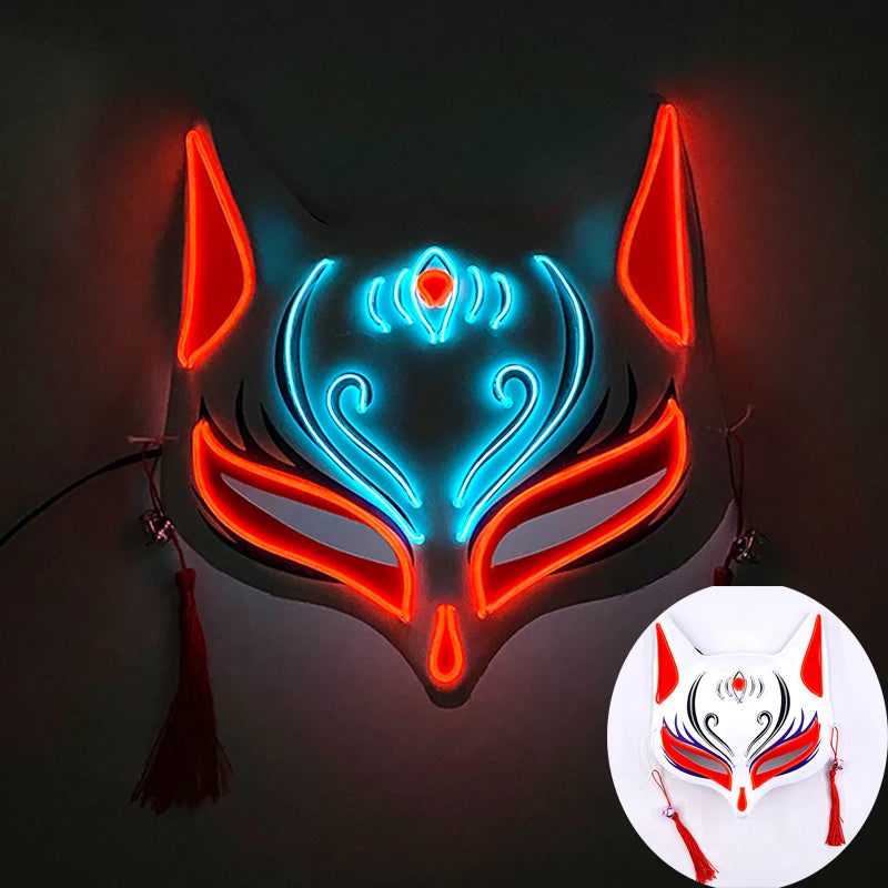 Holiday Light Up Neon Half Face Mask Flashing in Dark Fox Mask Halloween LED Luminous Fox Mask for Women Girl Cosplay Props
