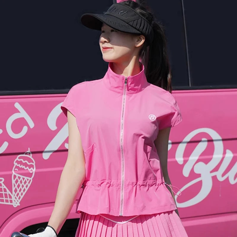 New Golf Women Outfits 2025 Zipper Stand Collar Tops Summer Thin Sports Loose Shirts Pleated Skort Designer's Golf Clothes
