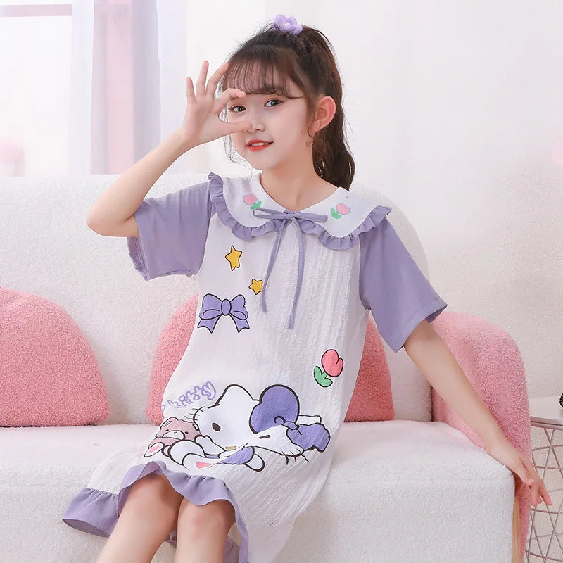 Girl's Summer Pajamas Sanrio Hello Kitty Kuromi Children's Dress Pochacco Anime Cartoon House Clothing Short Sleeved Cute Skirt