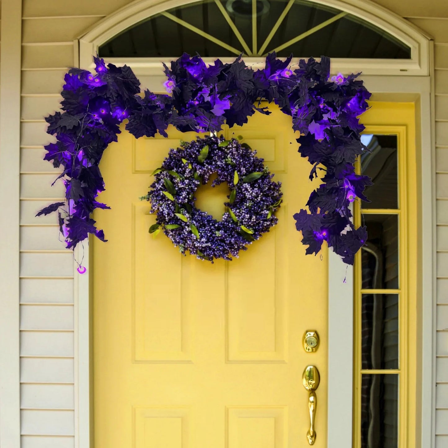 1pc Halloween Artificial Hanging Fall Leave Vines With 20 LED Black Leaf Garland With Purple Lights Battery Powered Horror Atmo