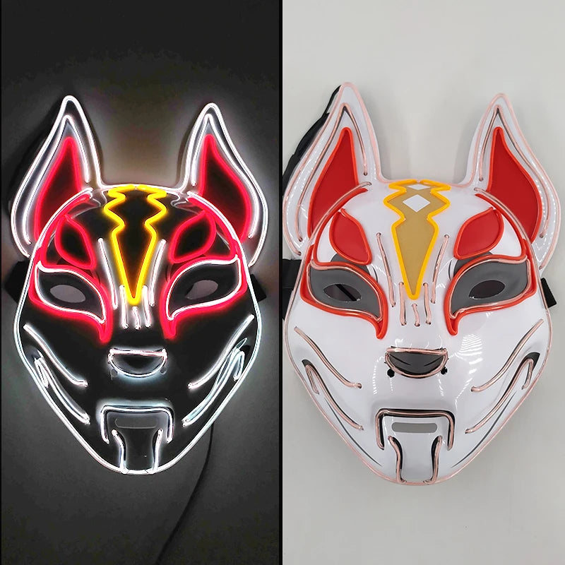Glowing Demon Slayer Mask Cosplay Japanese Cartoon Neon Light Samurai Mascara Luminous Led Fox Mask for Halloween Christmas