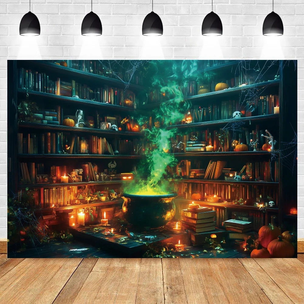 Halloween Horror Photo Backgrounds Witches Magic Boiler Bookshelf Pumpkin Lanterns Spider Web Spooky Party Photography Backdrops