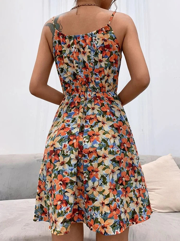 Sexy Floral Print Short Dress Women Summer Fashion Black Backless Beach Sundress Casual Sleeveless Lace-Up New in Dresses 2024