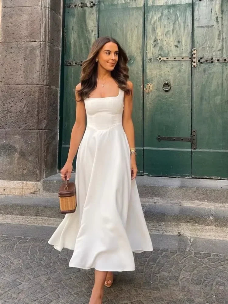 Elegant White High Waist Women's Dress Fashion Square Neck Sleeveless A-Line Dresses 2025 New Vocation Beach Party Streetwear