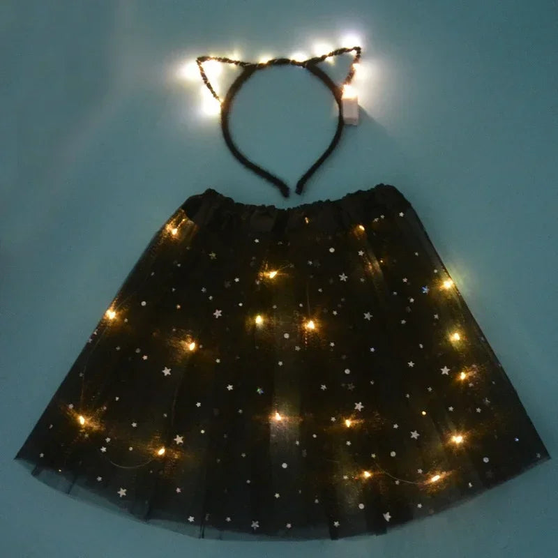 Light Up LED Kids Women Girl Animal Cat Leopard Ears Headband Tutu Skirt Costume Glow Party Christmas Halloween Festival