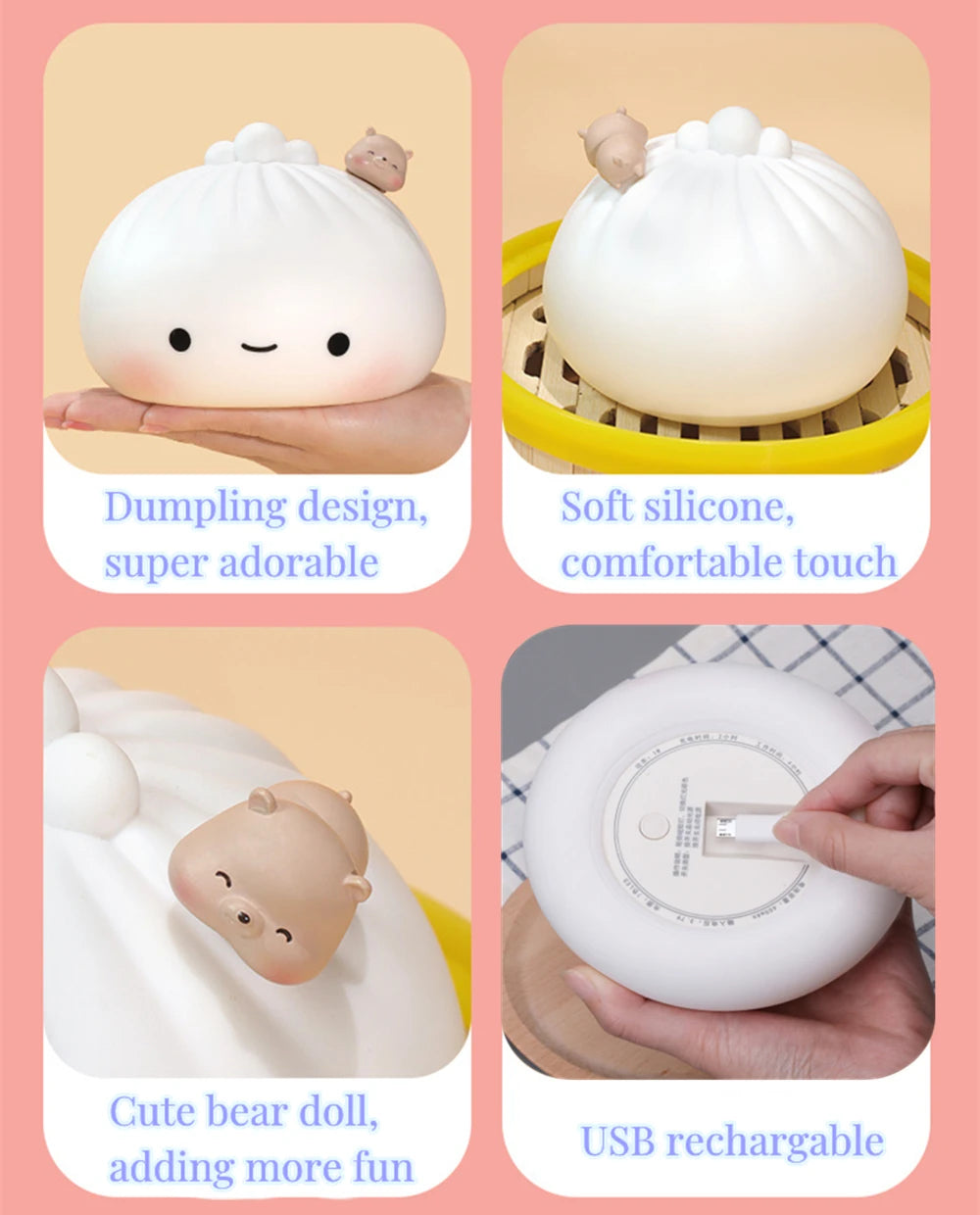 Cute Dumpling Night Light Dumpling Bun Lamp for Kids Rechargeable Silicone Nursery Lamp 7Colors Bedside Lamp for Bedroom Camping