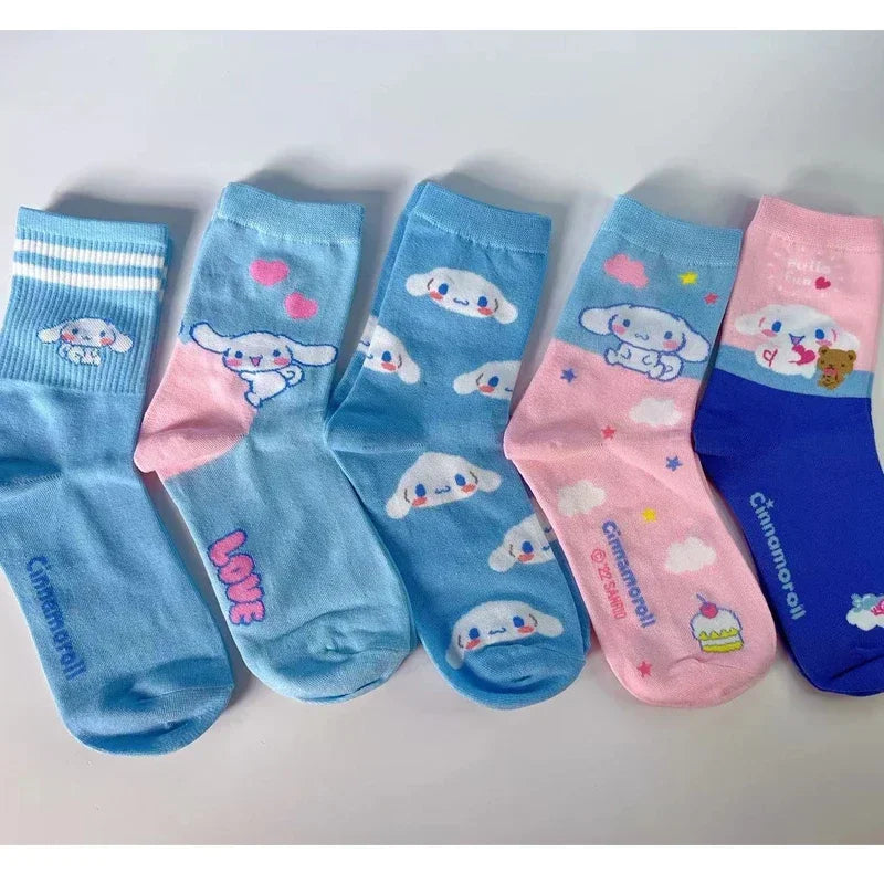 5pairs Sanrio Funny Cinnamoroll Cartoon Socks Women's Blue Combed Cotton Mid-Calf Stocks Kids Cute Gilrs Puppy Stockings