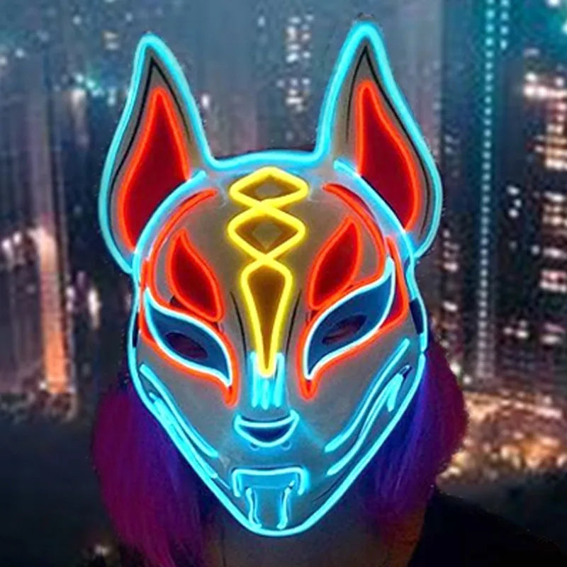 Glowing Demon Slayer Mask Cosplay Japanese Cartoon Neon Light Samurai Mascara Luminous Led Fox Mask for Halloween Christmas