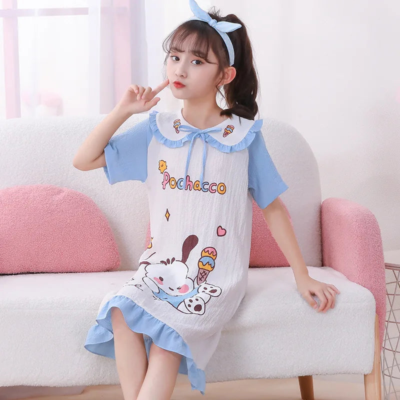 Girl's Summer Pajamas Sanrio Hello Kitty Kuromi Children's Dress Pochacco Anime Cartoon House Clothing Short Sleeved Cute Skirt