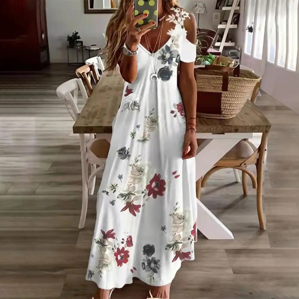 Maxi Dress for Women Feather Printed Lace Sling Ladies Loose-Fitting Hollow Out A-Line Long Dress Streetwear for Party