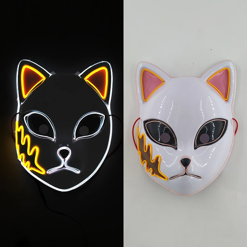 Glowing Demon Slayer Mask Cosplay Japanese Cartoon Neon Light Samurai Mascara Luminous Led Fox Mask for Halloween Christmas