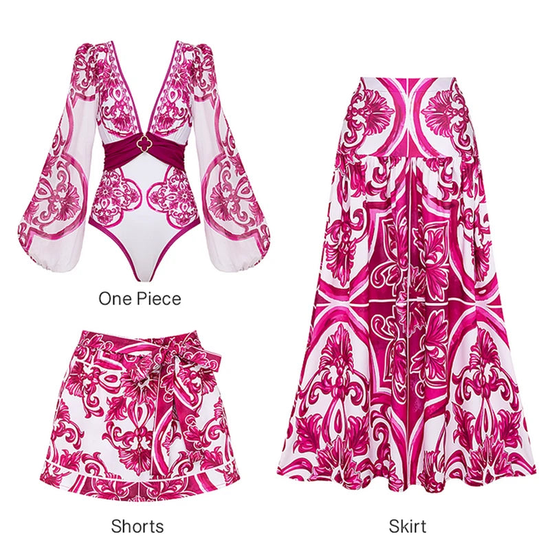 Flaxmaker Classic Women Sexy Bikini Sets Long Sleeves Majolica Series Pattern Print One Piece Swimsuit Skirt Biquini Beachwear