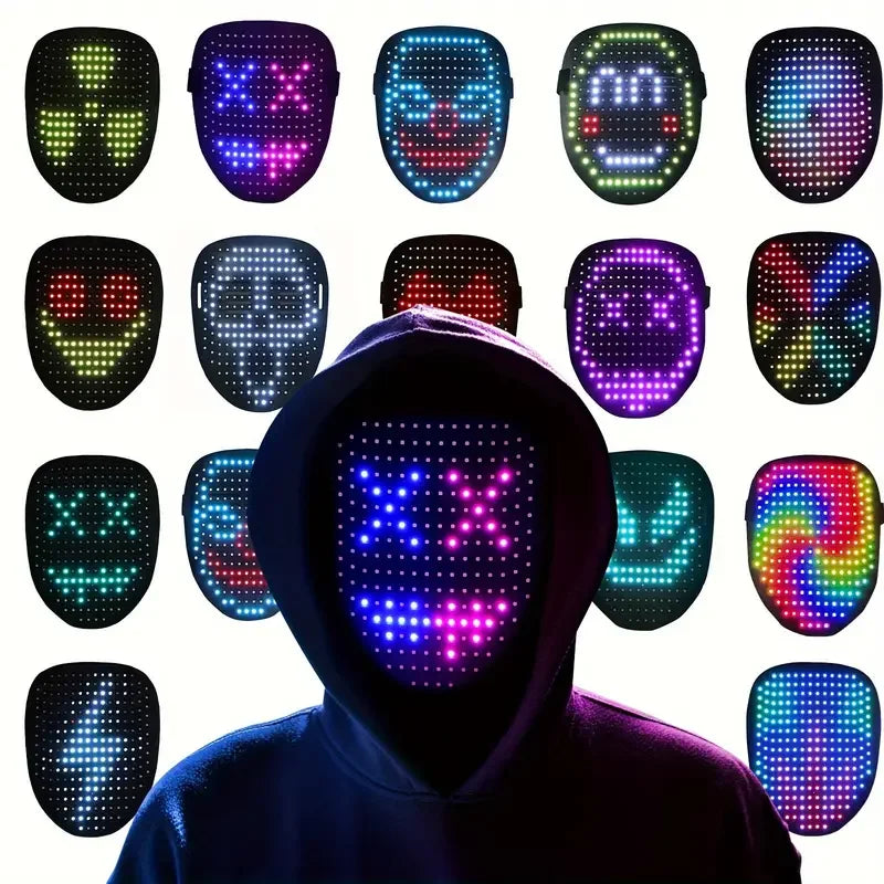 LED Mask With Gesture Sensing Light Up Face Transforming Led Halloween Mask for Kids Men Women Costume Cosplay Party