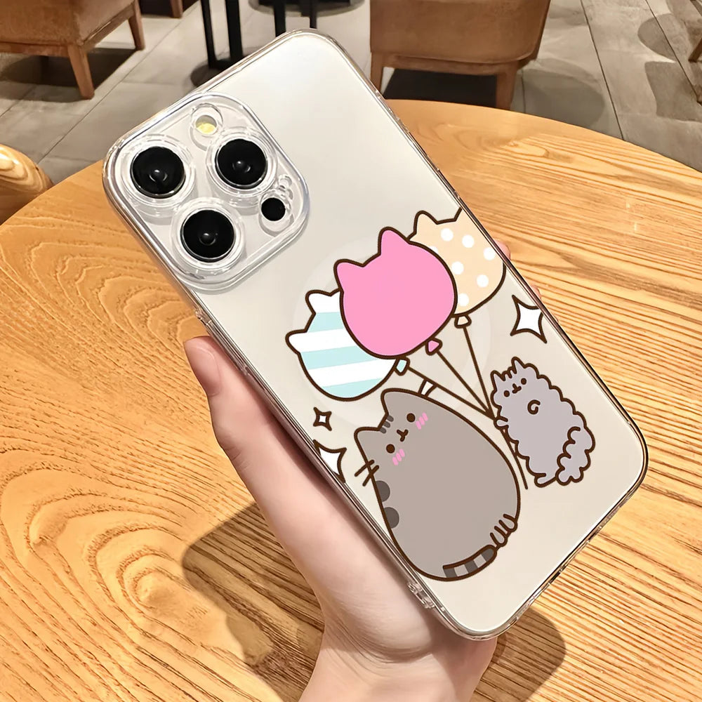 Cartoon Cat Lovely for IPhone 16 15 14 13 12 11 Pro Max Plus Transparent Magnetic Suction P-Pusheens-S Phone Case