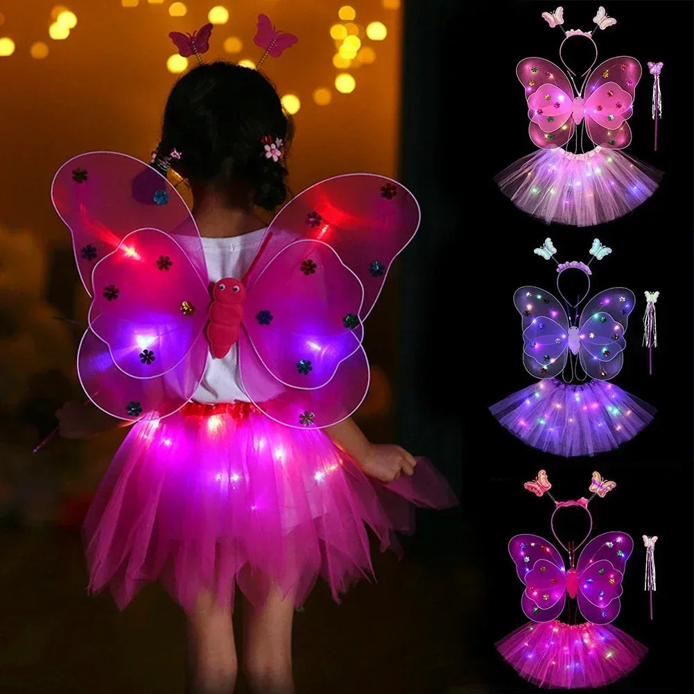3/4Pcs/Set Fairy Butterfly Wing Wand Headband Costume Toy Gift Halloween Decoration Double Layers Girls Led Flashing Light