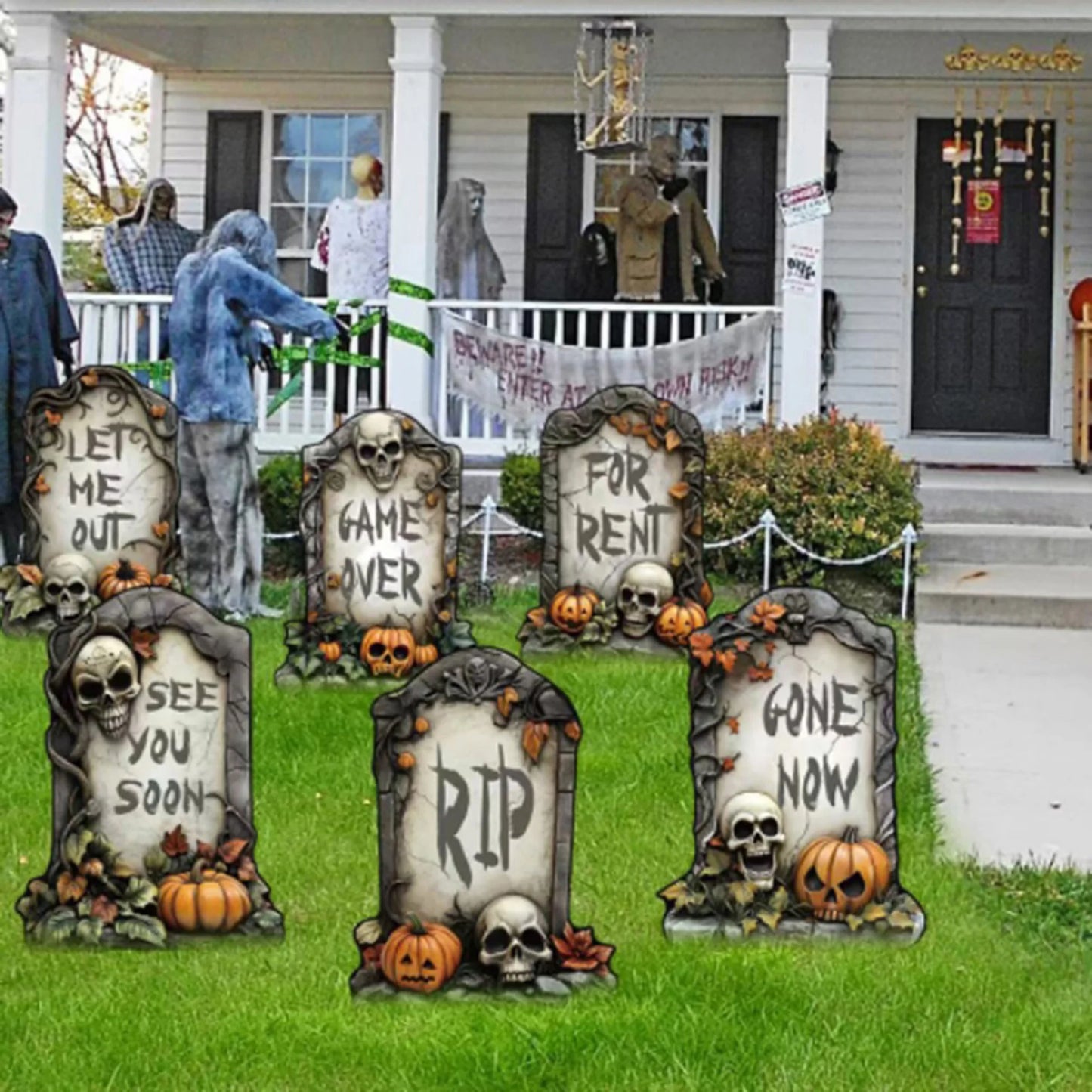 Set of 6 Spooky Halloween Tombstone Garden Stakes for Outdoor Graveyard Decorations in Yard Lawn Garden