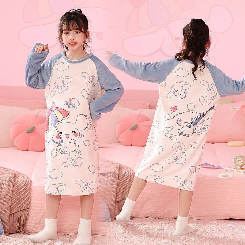 Sanrio Hello Kitty Kuromi Children's Pajamas Cinnamoroll My Melody Autumn Winter Flannel Anime Kids Robe Long Sleeved Girls Boys
