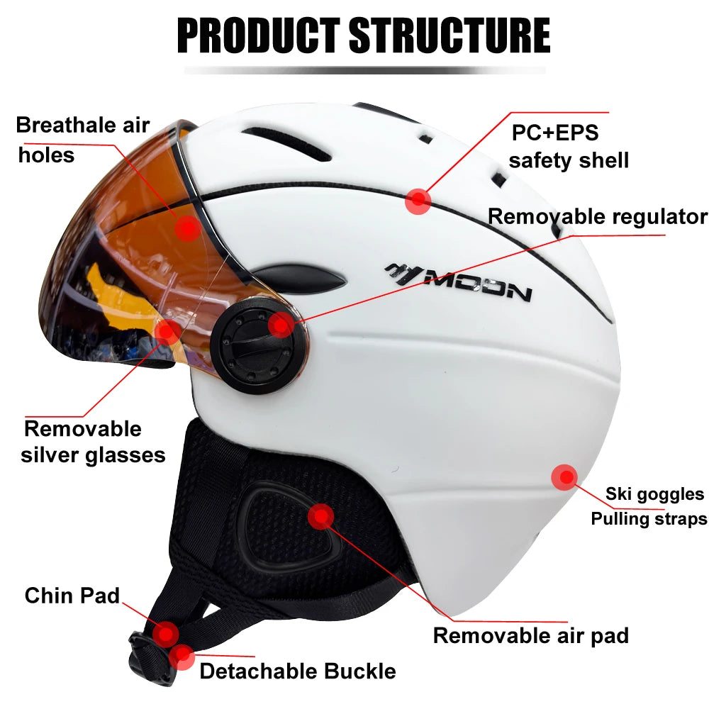 MOON Professional Half-Covered Ski Helmet Integrally-Molded Sports Man Women Snow Skiing Snowboard Helmets With Goggles Cover