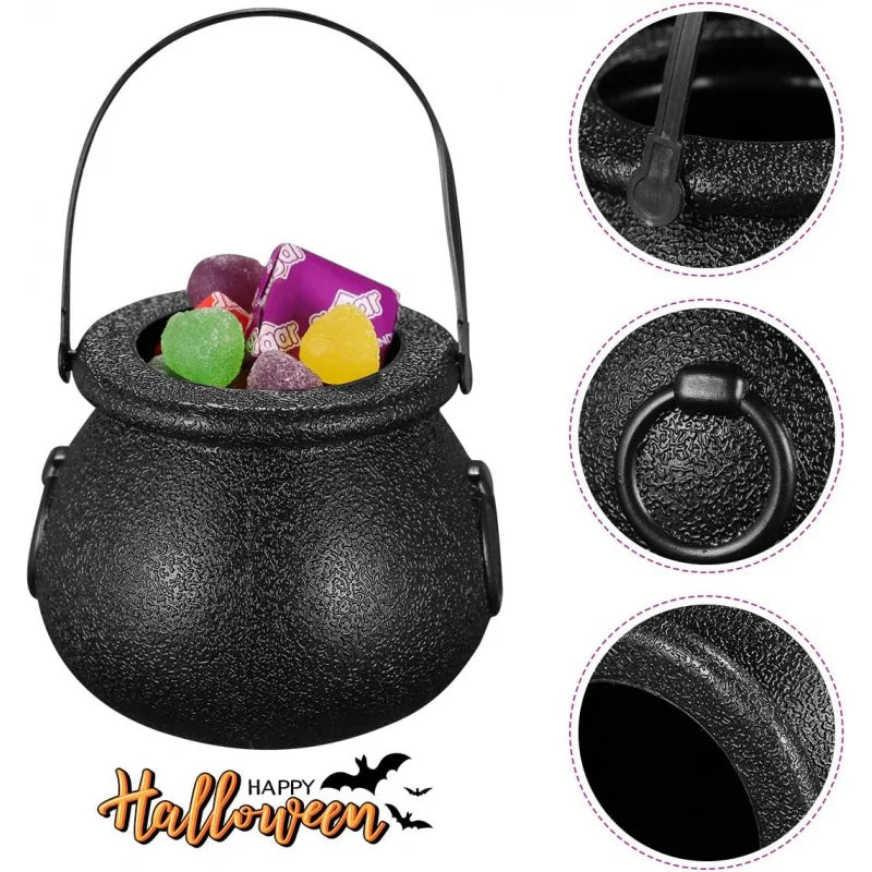6pcs Mini Plastic Cauldron Bucket With Handle, Halloween Candy Bucket, Party Favor Witch Pot, Trick-Or-Treat Container