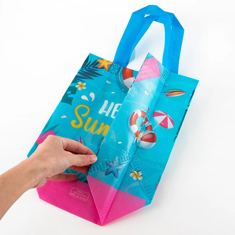 Summer Vacation, Holiday Portable Non Woven Portable Shopping Gift Bags, Beach, Kids, Games, Surfing, Toys, Snacks Theme, 12pcs