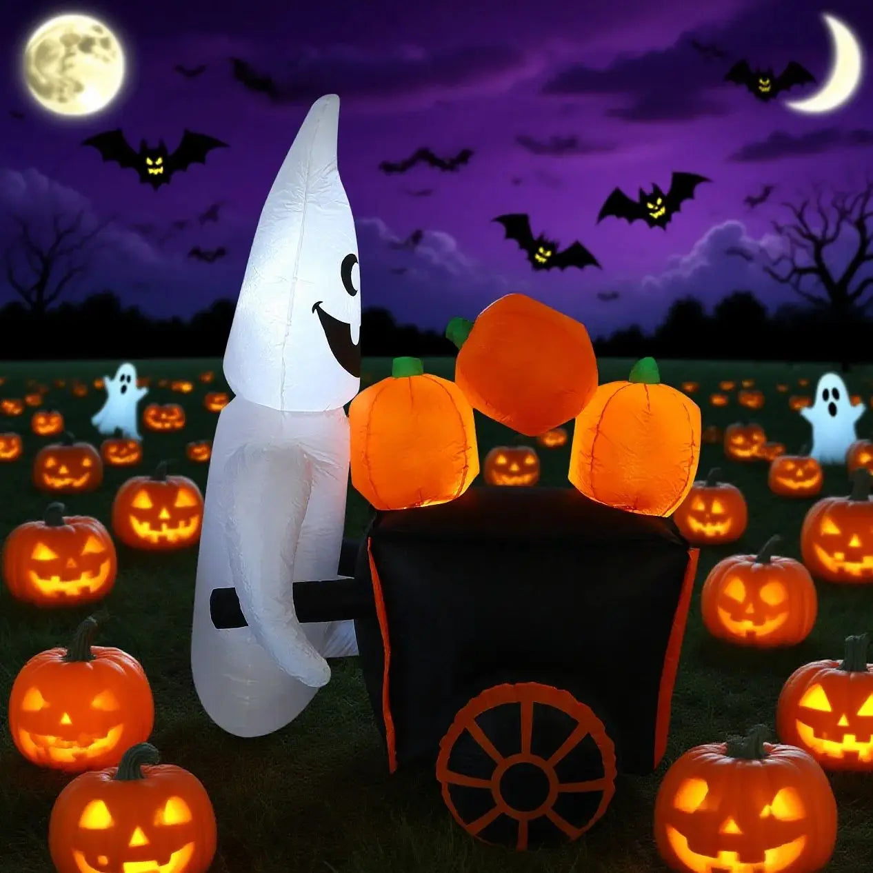 Halloween Decorations Outdoor Inflatable White Ghost Pumpkin Car Blow Up Yard With Built-In LED Lights for Holiday Party Indoor