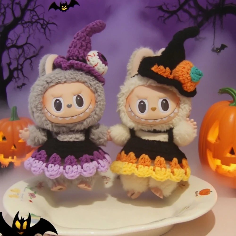3.0 Labubu Clothes Halloween Knitted Pumpkin Bat Ghost Set for 15/17cm Doll Funny Necklace Accessories Christmas Halloween Gift