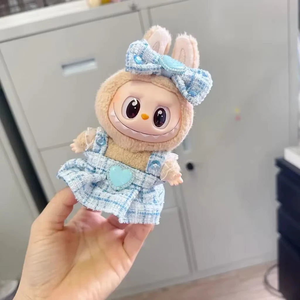 For Labubu Sitting Party Blue Pink Strap Fragrant Skirt Set Outfit Clothes sweet.for Labubu Clothes