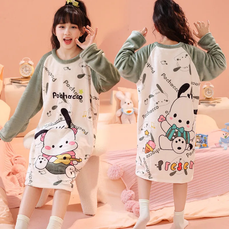 Sanrio Hello Kitty Kuromi Children's Pajamas Cinnamoroll My Melody Autumn Winter Flannel Anime Kids Robe Long Sleeved Girls Boys